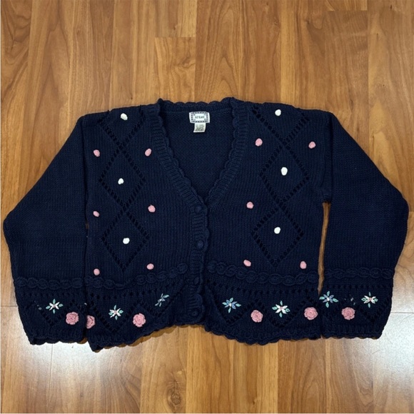 Cecico Sweaters - Women's Navy Blue Cardigan with Pink and White Accents